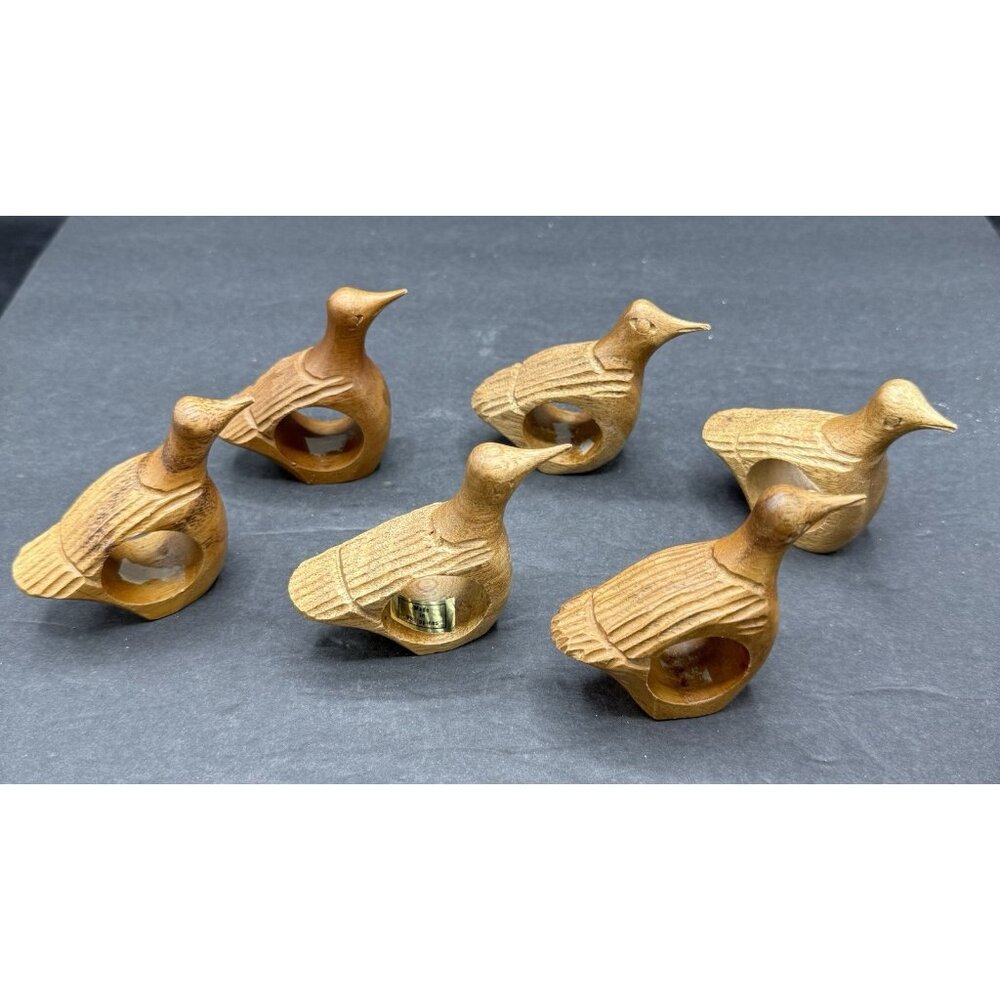 VTG Set of 6 Bird Duck Napkin Rings Hand Carved Wood Made in Philippines